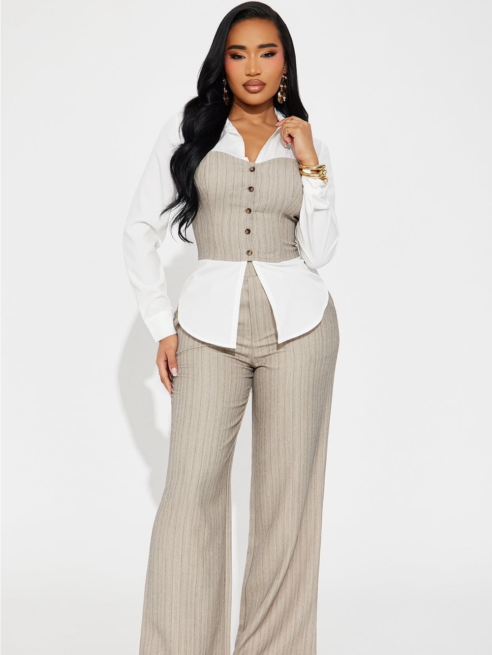 Fashion Nova Beige Pinstripe Wide-Leg